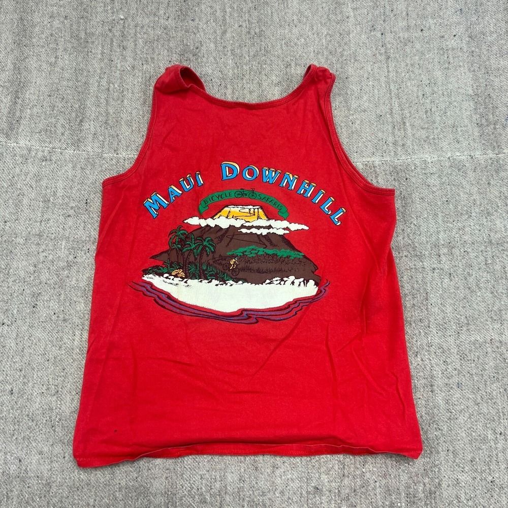 Vintage Maui Downhill Biking Safari Tank Top Shirt Mens Medium Red 1990s Hawaii